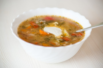 vegetable soup with meatballs and pepper in a plate