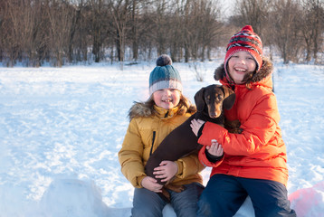 happy boy playing with white dog in winter day, dog and child on snow