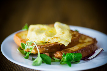 fried croutons in eggs with fried egg in a plate