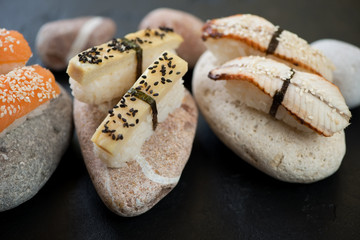 Close-up of nigiri sushi with tamago omelette, eel and salmon on pebble stones, selective focus