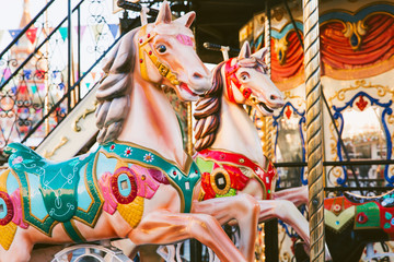 Vintage carousel horse. Amusement for children, attraction