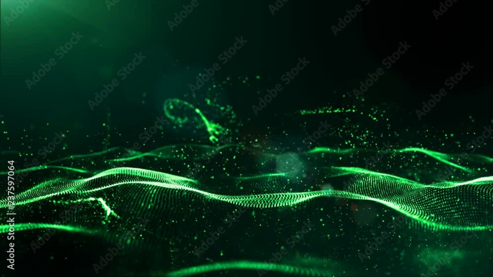 Poster abstract green color digital particles wave with dust and light motion background