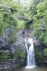 Fototapeta na wymiar Majestic waterfalls on rocky mountain with bridge and tropical vegetation at the Sacred Pools of Hana on Maui, Hawaii