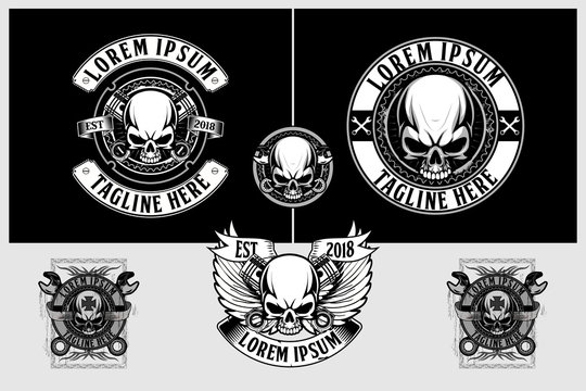 skull biker with piston and wing vector label, t-shirt designs or logo template collection