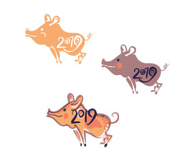 Painted drawn symbols year of the Pig 2019 on the Chinese calendar. Vector template handwritten figures.