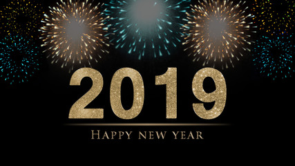 2019 New Year's eve illustration, card with colorful fireworks and golden glitter 2019 Happy New Year text on black background 