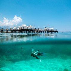 View of the coast and the beach in Kemer over water and under water .