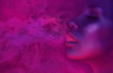 Vape Party, Nightlife. Beautiful Sexy Woman smoking - obrazy, fototapety, plakaty