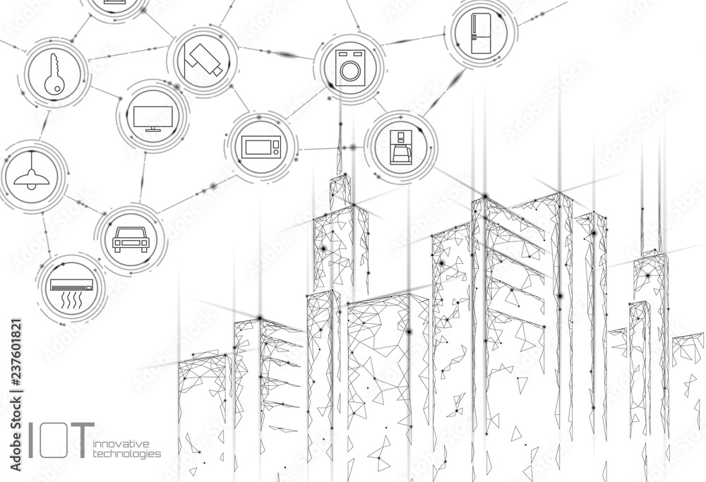 Poster internet of things low poly smart city 3d wire mesh. intelligent building automation iot concept. mo