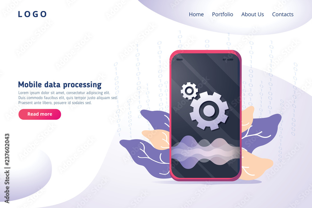 Poster mobile data processing technology in isometric vector illustration. information storage and analysis