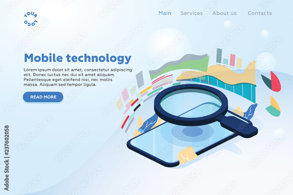 Poster isometric illustrations design concept mobile technology solution on top with search engine. gradien