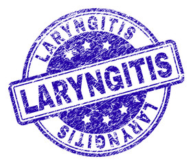 LARYNGITIS stamp seal watermark with grunge texture. Designed with rounded rectangles and circles. Blue vector rubber print of LARYNGITIS title with scratched texture.