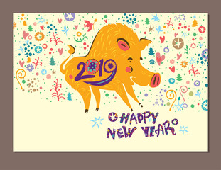 Beautiful New Years card with a cartoon yellow boar symbol of 2019 on the Chinese calendar. Year of the Pig 2019. Cute yellow pig on a bright motley holiday background.

