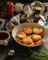 pancakes, chocolate, cheese cakes, cream, coffee . food background. copy space