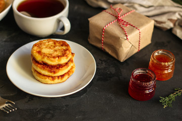 pancakes, chocolate, cheese cakes, cream, coffee . food background. copy space