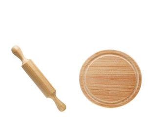 Empty wooden pizza board and rolling pin on a light background.