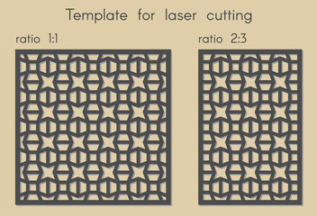 Template for laser cutting. Stencil for panels of wood, metal. Abstract geometric background for cut. Ratio 1:1, 2:3. Vector illustration. Decorative cards. 