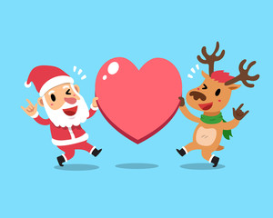 Vector cartoon christmas santa claus and reindeer with big heart sign