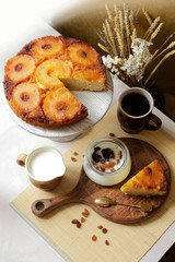 Homemade Pineapple Pie Hot tea in a beautiful mug, breakfast on the table. Recipe for homemade traditional cake.