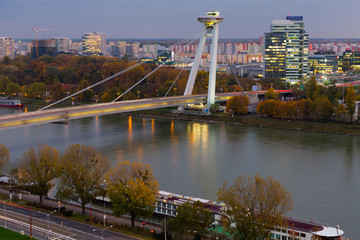 Night illumination of UFO Bridge in Bratislava