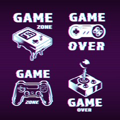 Glitch graphic style gaming labels set © DGIM studio