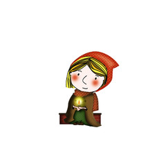 Piccola mendicante seduta su un muretto con una candela accesa tra le mani, isolata su sfondo bianco