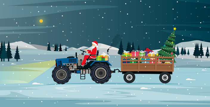 Santa driving a tractor carrying gifts and Christmas tree.