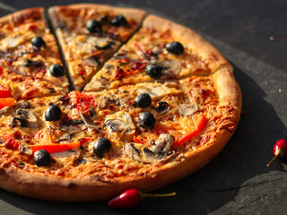 pizza, mushrooms, olives, chicken, tomato sauce, cheese, (pizza ingredients). hot pizza. food background. copy space
