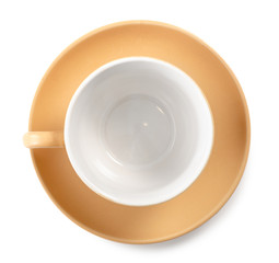 Cup and saucer emp on white background isolation, top view