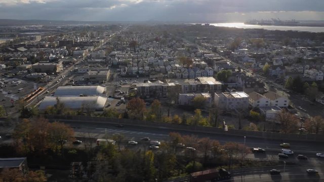 Bayonne City. Residential Neighborhoods. New Jersey, United States of America. Aerial View. Flying Sideways