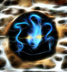  blue abstract hydra with light eyes on a dark background