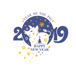 Happy New Year 2019. Vector template 2019 with cut out silhouette of a cute pig boar. Snowflakes and yellow stars Christmas and tree. Decorative element for New Year design.
