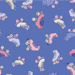 Vector seamless pattern backround of Roller Skates on retro blue. Perfect for prints, cards, wallpapers, scrapbooking and fabric.