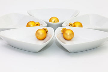 Ceramic bowls for sushi food and gold Christmas decoration