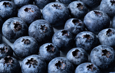 A macro shot of blueberries with water drops.