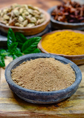 Amchoor or aamchur, mango powder, fruity spice powder made from dried unripe green mangoes in India, used to flavor foods close up
