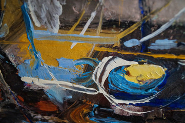 Hand drawn oil painting on canvas. Abstract art background. Color texture. Fragment of artwork. Brushstrokes and spots of paint. Modern, contemporary art. Colorful canvas.