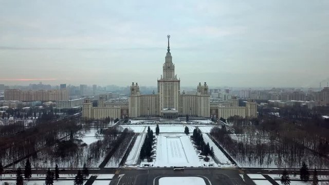 Aerial view of the building of the Moscow University in winter in cloudy weather.