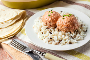 Chicken meatballs in creamy tomato sauce with rice