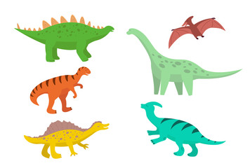 set of cartoon dinosaurs, diplodocus, stegosaurus, pteranodon