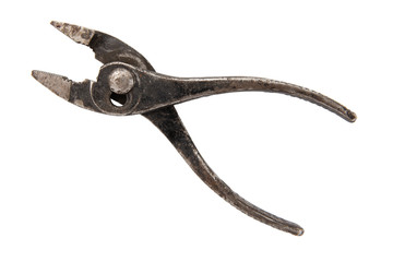 Old rusty vintage pliers isolated on white background side view