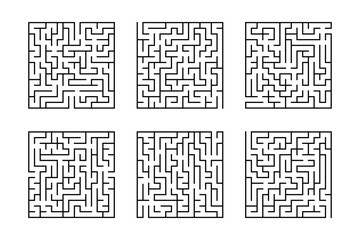 A set of square mazes. Game for kids. Puzzle for children. Labyrinth conundrum. Flat vector illustration isolated on white background.