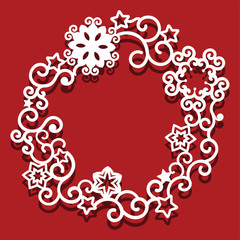 Snowflakes and stars flying in circle shape. Ornamental monochrome simple christmas template