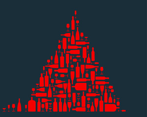 Christmas tree made of red wine bottles and glasses of different size and shape on dark blue background - flat vector illustration