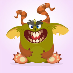Angry cartoon monster. Halloween vector horned monster