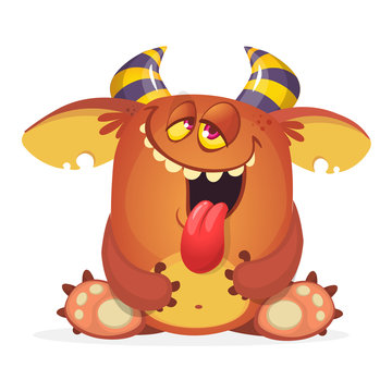 Happy cool cartoon fat monster. Horned vector monster character