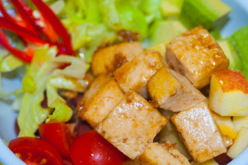 beautiful multicolored vegetables and fruits, poke bowls, with shrimp, Hawaiian cuisine, closeup