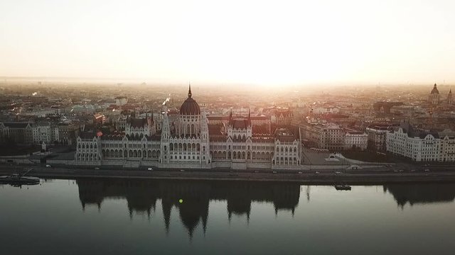 Aerial video shows the Buda side of Budapest in sunrise