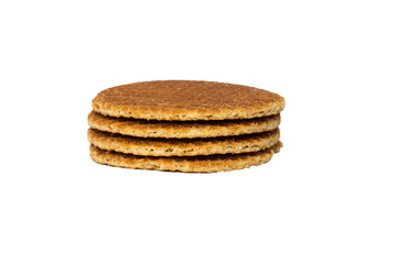 close up crispy Dutch waffles, stroopwafel isolated on a white background