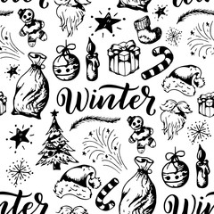 Winter seamless pattern. Season elements s on white background. Christmas theme retro texture.